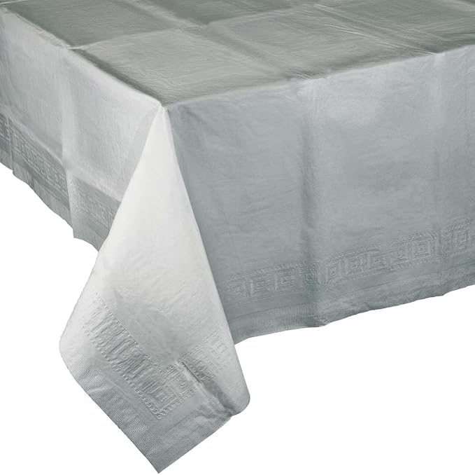 Party Favors Plus Disposable Tablecloth Silver 54x108 Inch 2-Ply Tissue Plastic Lining Rectangular Pack of 2