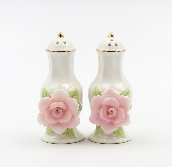 Cosmos Gifts Porcelain Pink Rose Jar with Gold Trim Salt and Pepper Shaker Set 3-1/2" H 21027