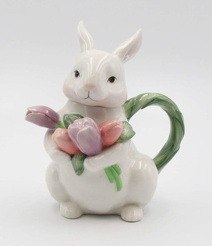 Cosmos Gifts Fine Ceramic Bunny Rabbit with Tulips Flower Teapot 7-1/4" H Green