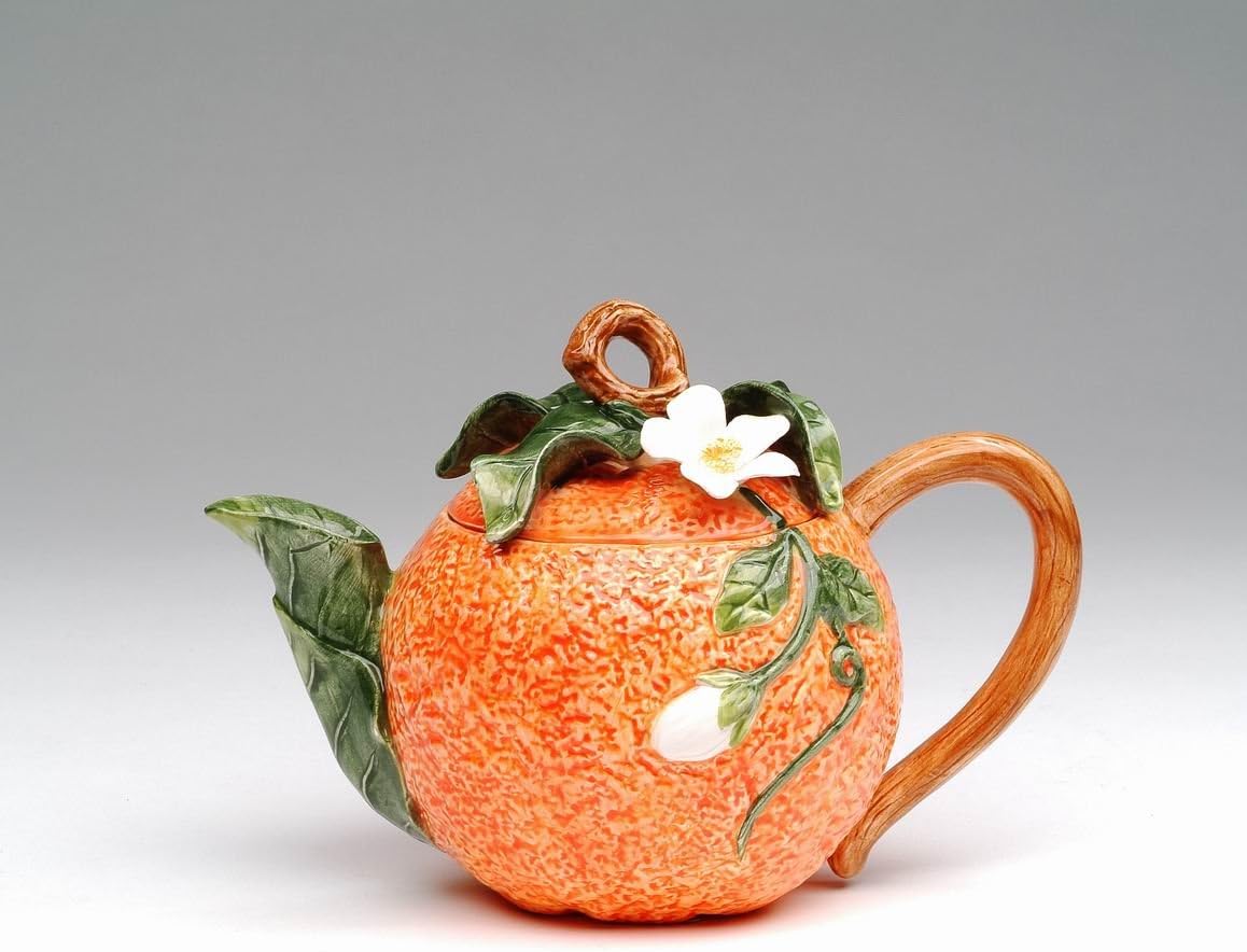 Cosmos Gifts Fine Ceramic Fruit Orange & White Flower Teapot 12 fl oz 4" H