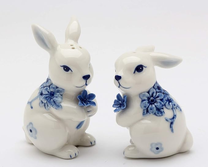 Cosmos Gifts Fine Ceramic Hand Painted Dutch Blue and White Bunny Rabbit Salt & Pepper Shakers Set 3-3/8" H