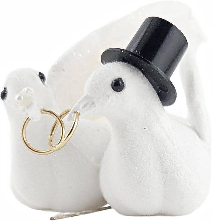 White Glitter Love Doves Wedding Ornament with Gold Rings and Top Hat, Plastic and Feather, 5x2 Inch, 2 Sets