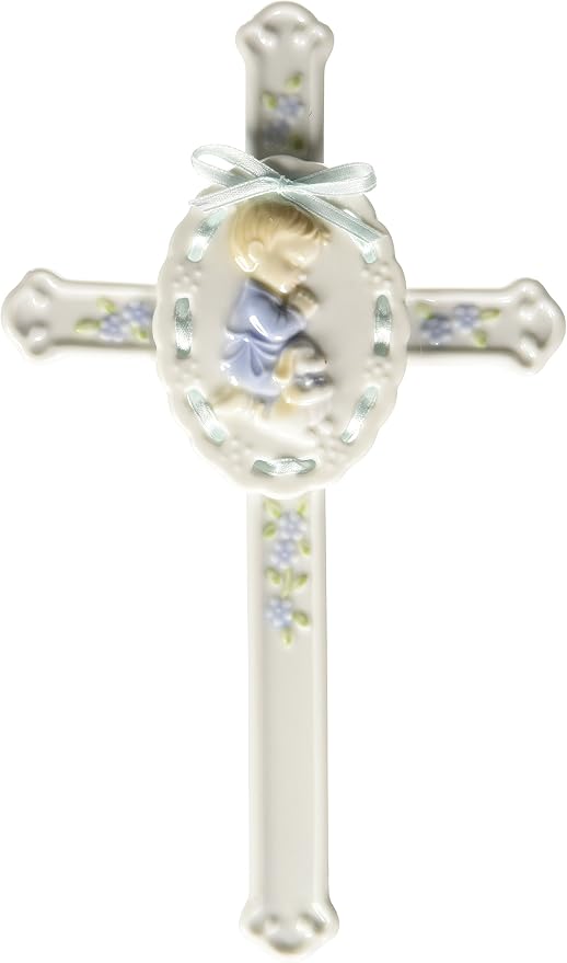 Cosmos Fine Porcelain Praying Boy Cross with Blue Ribbon Figurine 8-1/2" H