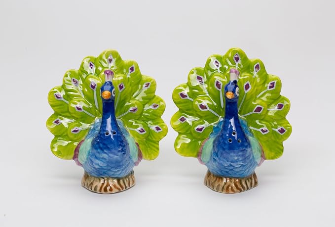 Cosmos Gifts Fine Porcelain Peacock Open Fan Tail Salt & Pepper Shakers Set 3-3/8" H