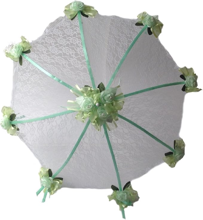 Party Favors Plus Decorated Bridal Shower White Lace Umbrella Parasol 36" Light Lime Green Roses