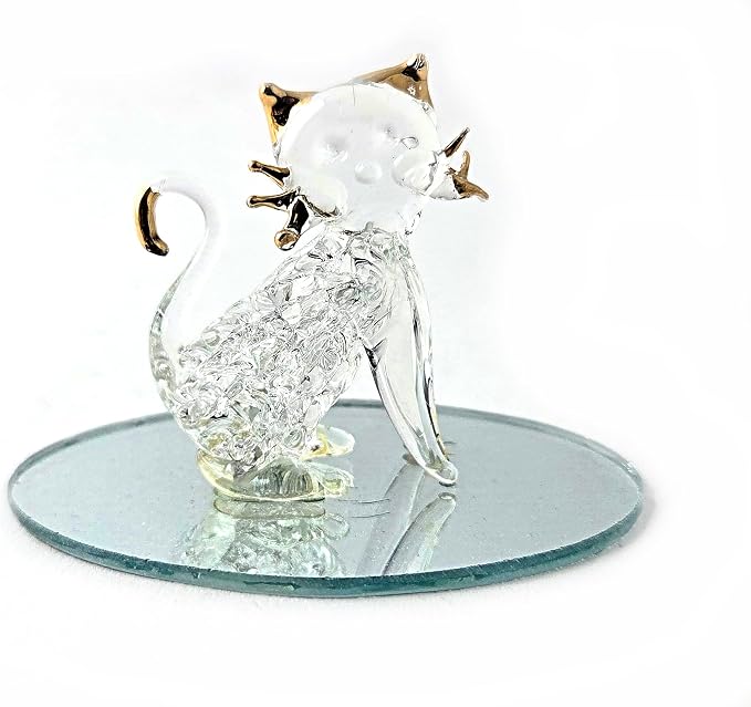 Party Favors Plus Clear Glass Cat Figurine Gold Plated Accents Oval Mirror Base 2.5 Inch