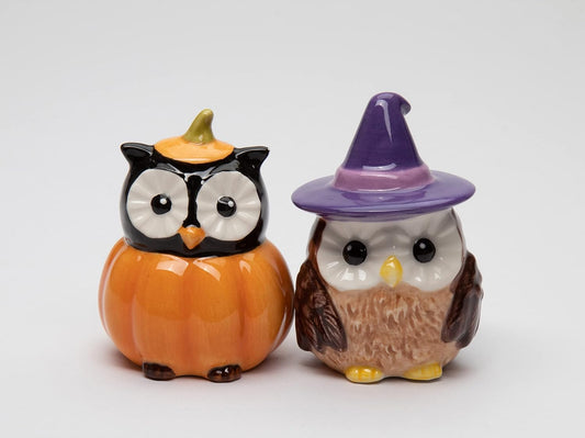 Cosmos Gifts Ceramic Halloween Pumpkin and Witch Owls Salt and Pepper Shakers 3 In Orange