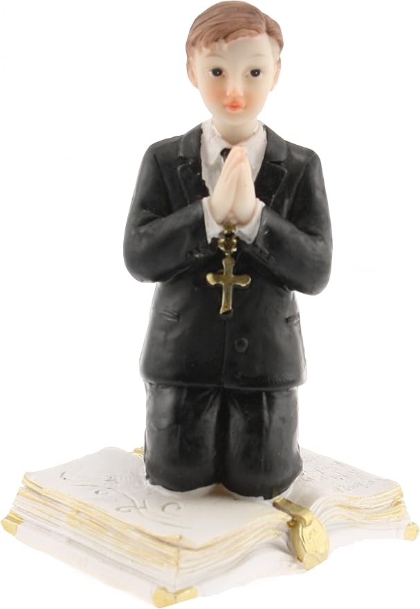 Party Favors Plus First Communion Boy Praying on Bible Rosary Figurine