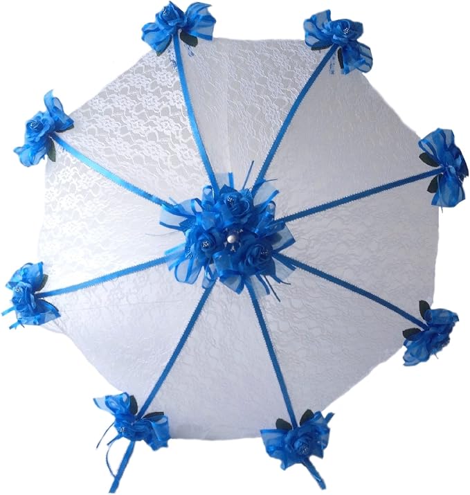 Party Favors Plus Decorated Bridal Shower White Lace Umbrella Parasol 36" Royal Blue Roses