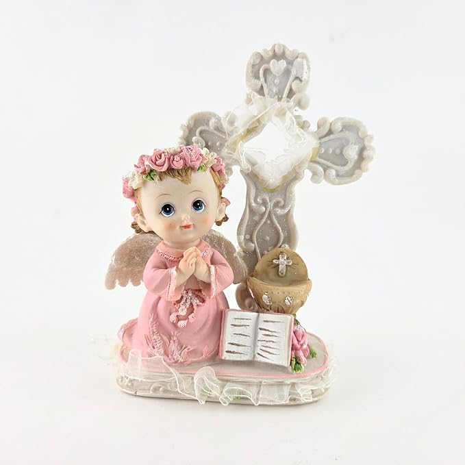 Party Favors Plus Girl Angel Praying Next to Cross Polyresin Figurine 7 Inch