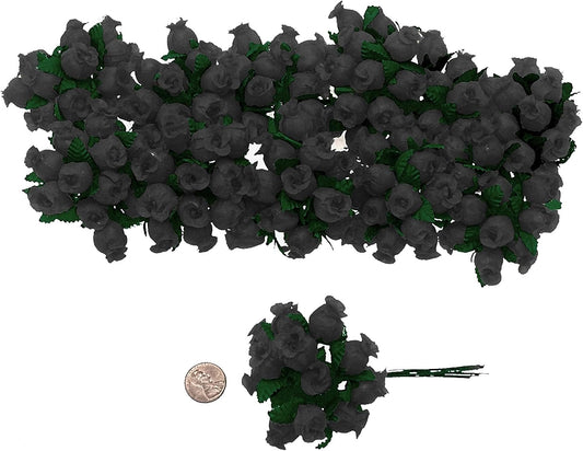 CB 144 Miniature Poly Silk Rose Favor Flower Picks Black Wedding Shower 3" Stem