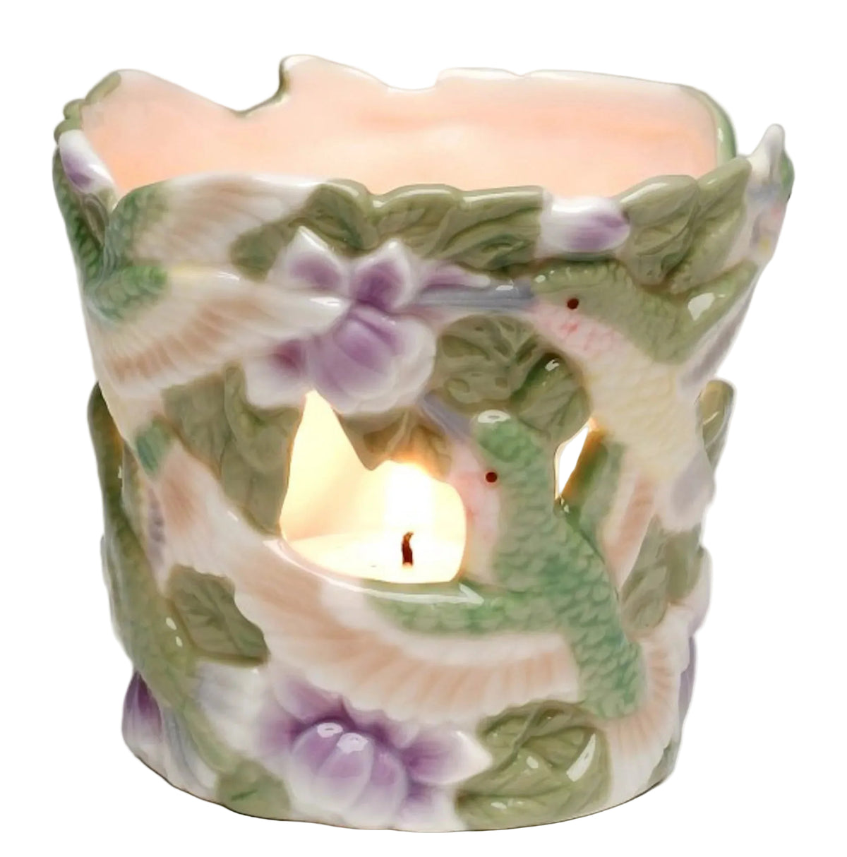 Cosmos Gifts Fine Porcelain Hummingbird Purple Flowers Tea Light Candle Holder Set of 2 2.75 In Purple