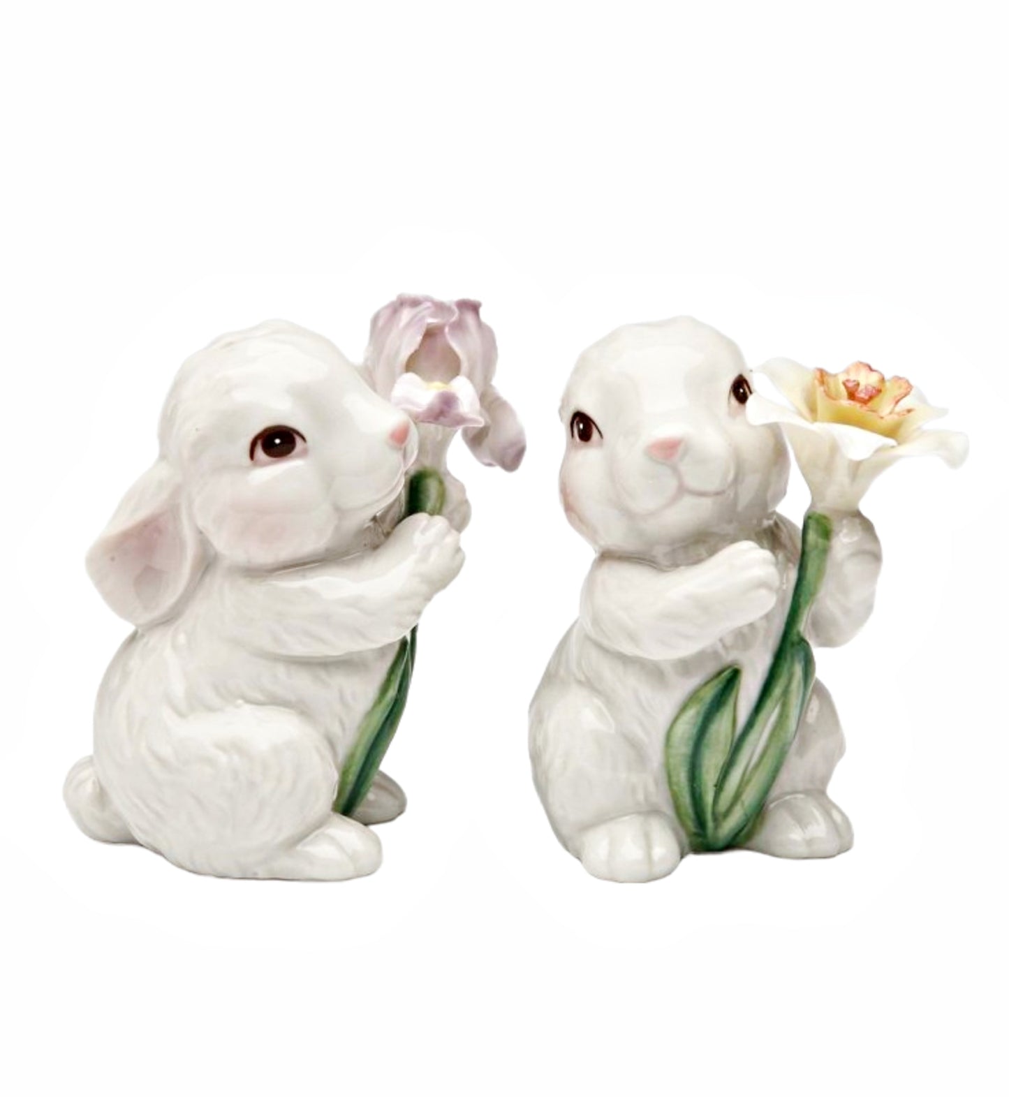 Cosmos Gifts Fine Porcelain Spring White Bunny Rabbit Holding Iris and Daffodil Salt & Pepper Shakers Set 3-1/8" H
