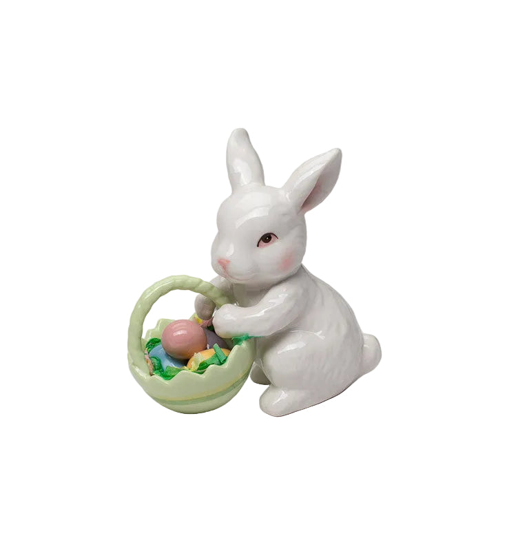 Cosmos Gifts Fine Porcelain White Bunny Rabbit with Rose Flower Basket Figurine 3-5/8" H 10592