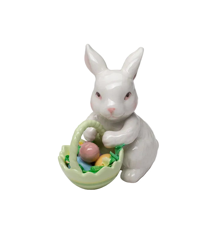 Cosmos Gifts Fine Porcelain White Bunny Rabbit with Rose Flower Basket Figurine 3-5/8" H 10592