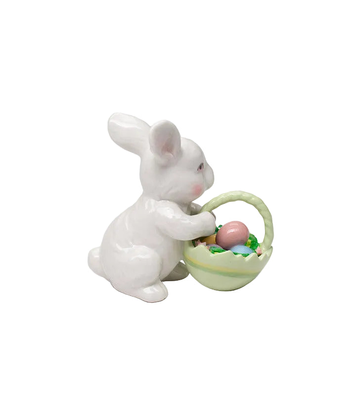 Cosmos Gifts Fine Porcelain White Bunny Rabbit with Rose Flower Basket Figurine 3-5/8" H 10592