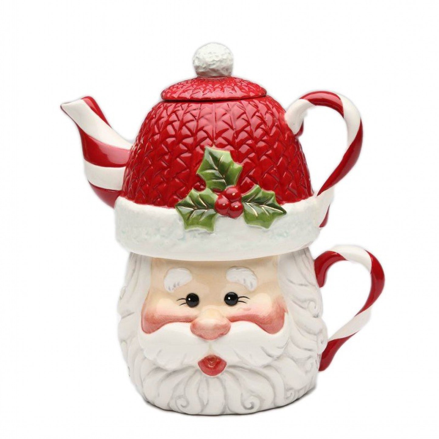 Cosmos Gifts Fine Ceramic Joyful Christmas Santa with Swirl Candy Cane Tea for One Set 7-1/2" L