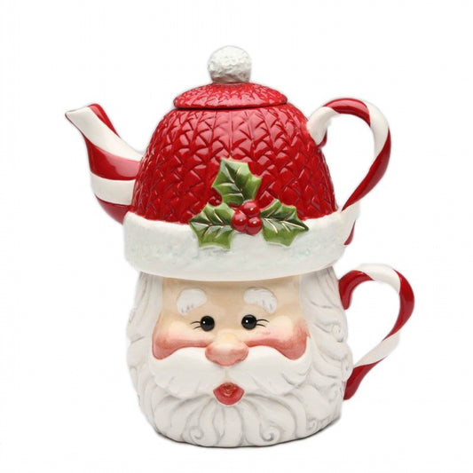 Cosmos Gifts Fine Ceramic Joyful Christmas Santa with Swirl Candy Cane Tea for One Set 7-1/2" L