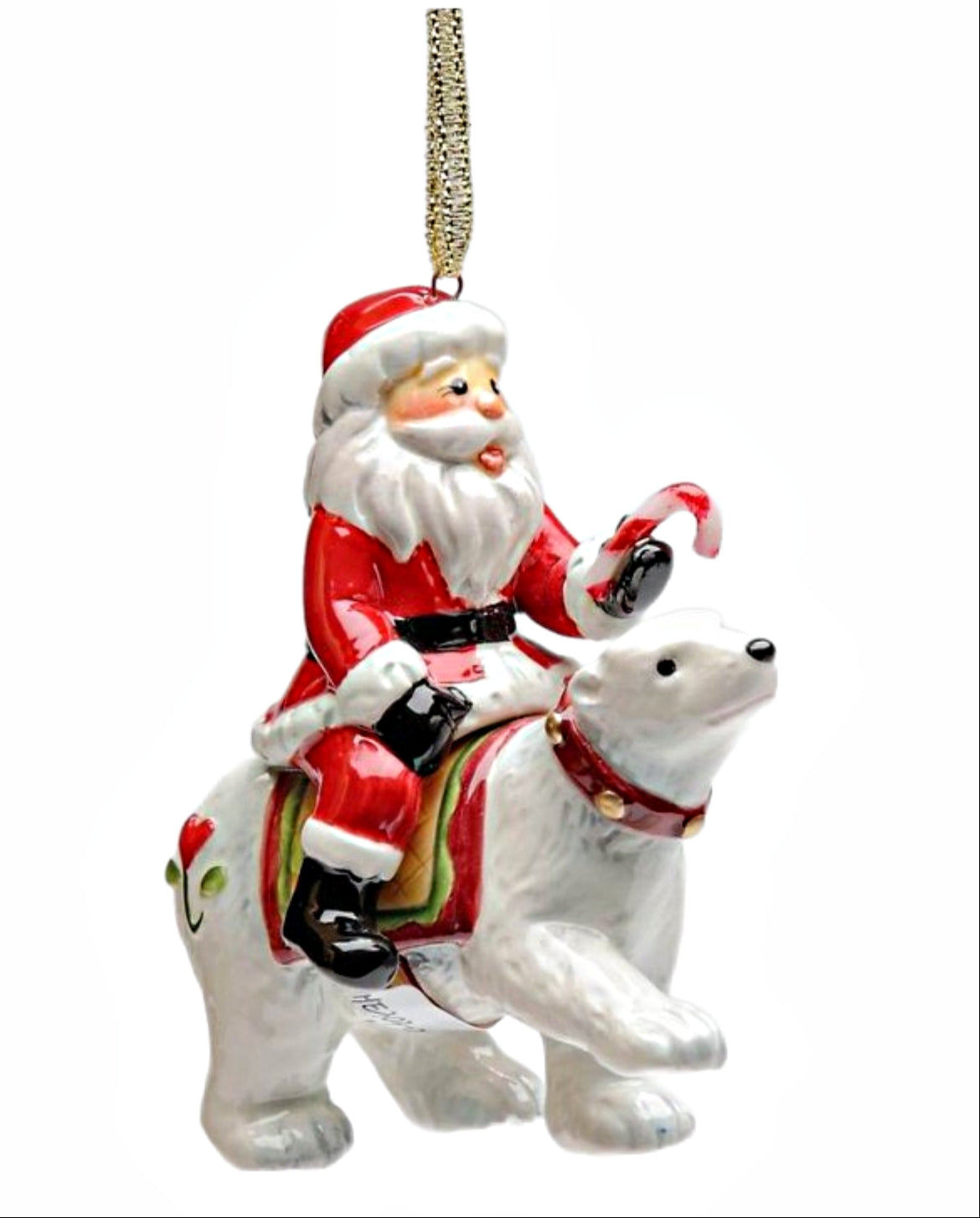 Cosmos Gifts Fine Ceramic North Pole Santa Riding Polar Bear Christmas Hanging Ornament 3.25" H