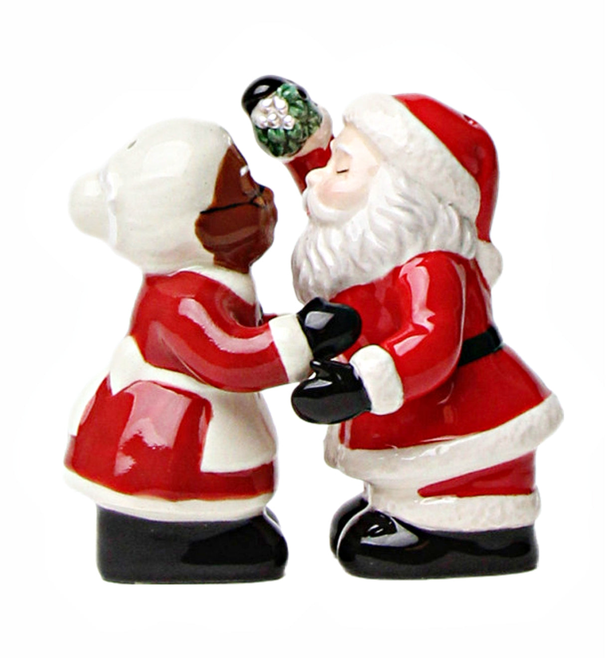 Cosmos Gifts Fine Ceramic Christmas Holidays Interracial Mr. & Mrs. Santa Couple Salt & Pepper Shakers Set 3-5/8" H 10719BW