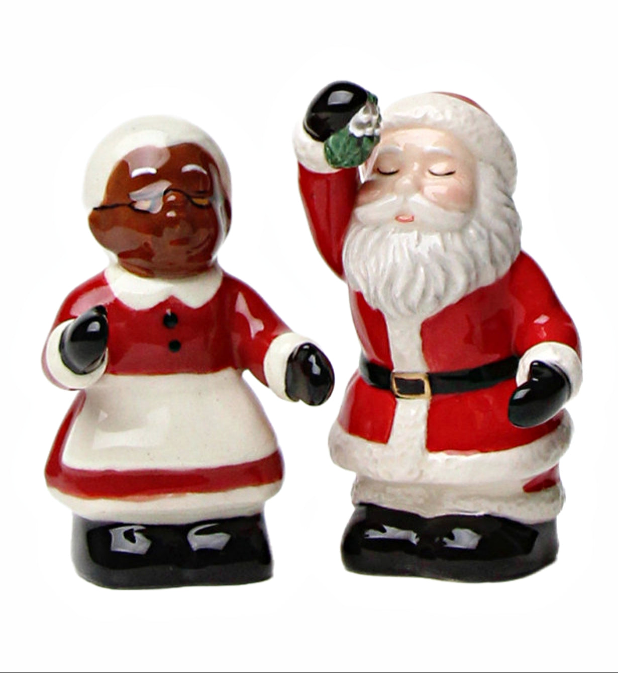 Cosmos Gifts Fine Ceramic Christmas Holidays Interracial Mr. & Mrs. Santa Couple Salt & Pepper Shakers Set 3-5/8" H 10719BW