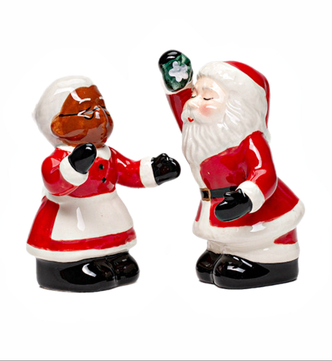 Cosmos Gifts Fine Ceramic Christmas Holidays Interracial Mr. & Mrs. Santa Couple Salt & Pepper Shakers Set 3-5/8" H 10719BW