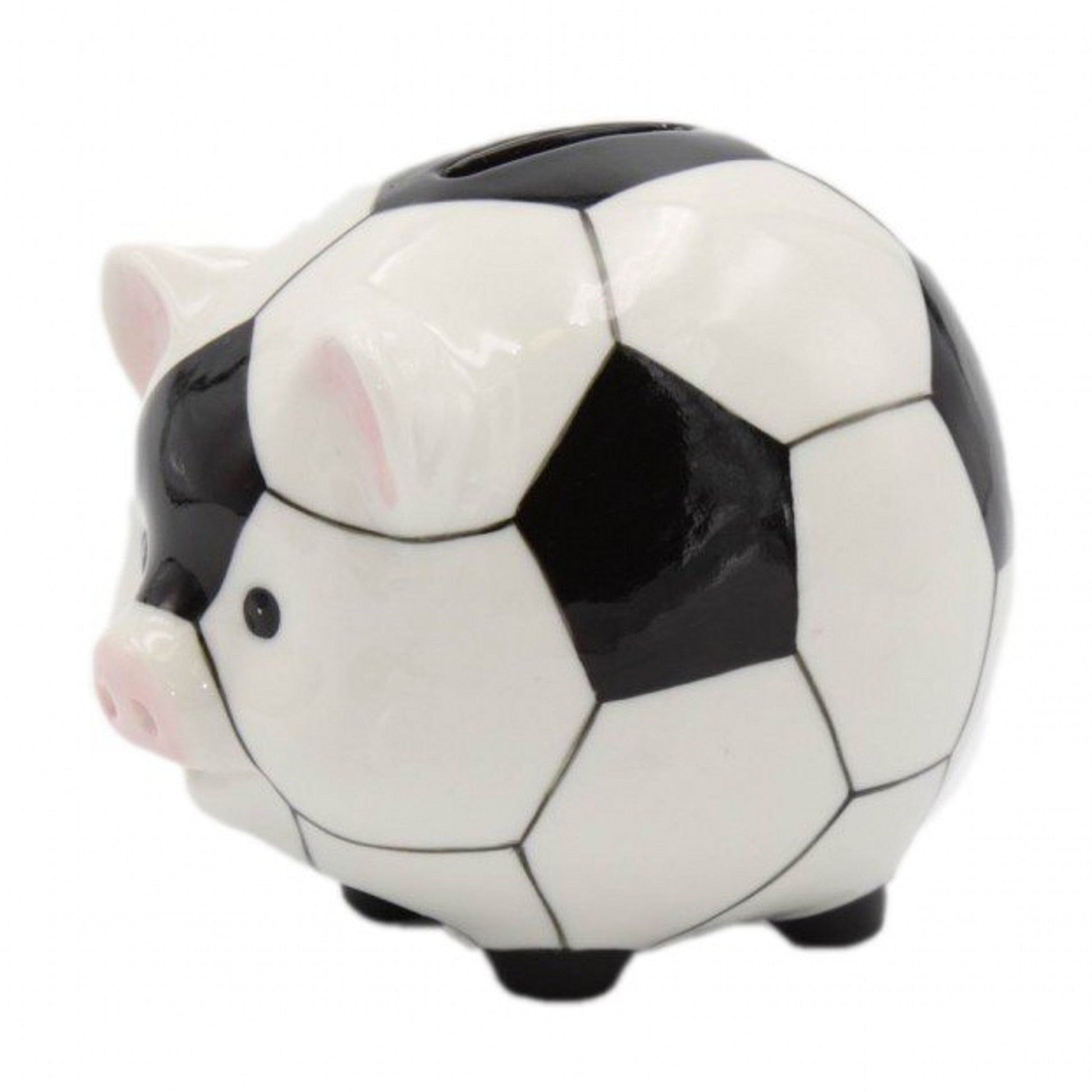 A ceramic piggy bank shaped like a soccer ball, featuring a glossy black and white pattern with pink accents on the snout and ears, set against a plain white background.