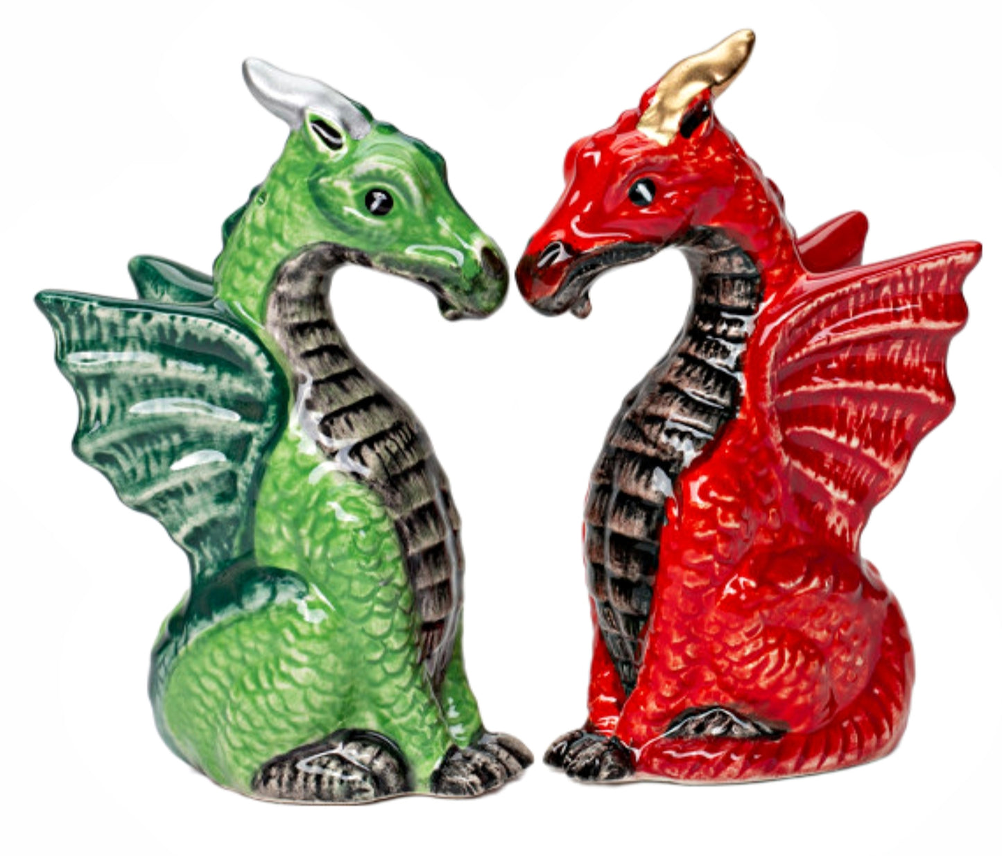 Cosmos Gifts Fine Ceramic Medieval Red & Green Dragon Salt & Pepper Shakers Set 3-7/8" H 21096