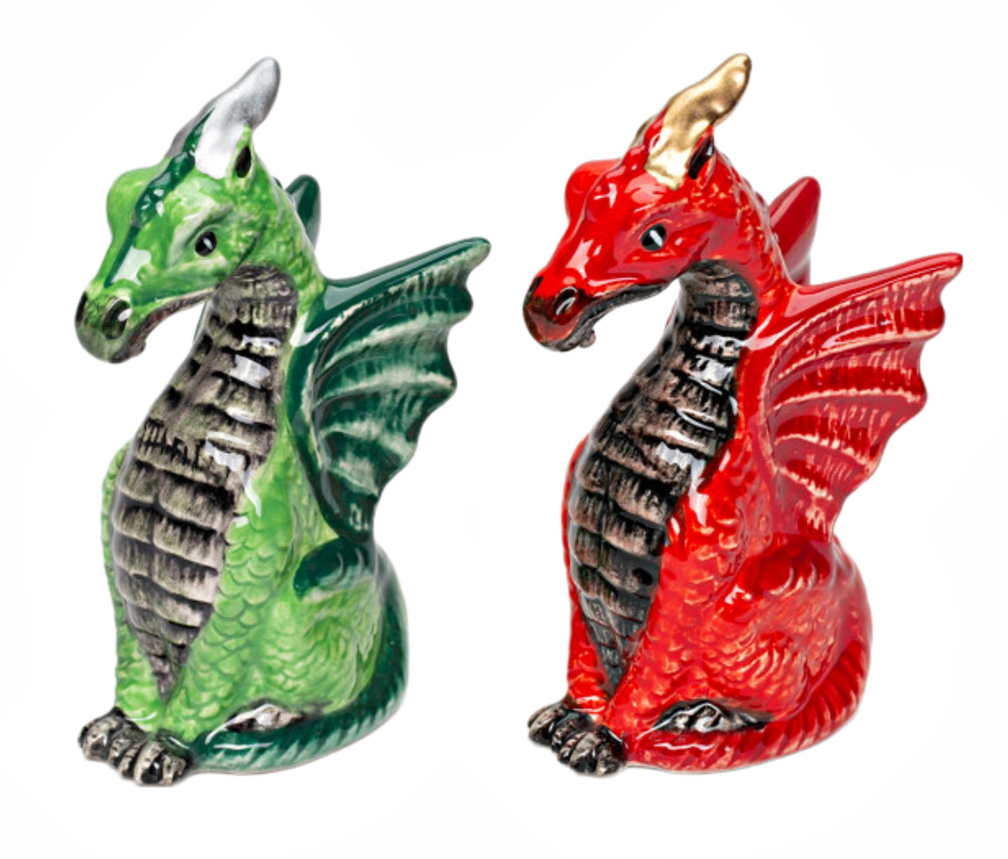 Cosmos Gifts Fine Ceramic Medieval Red & Green Dragon Salt & Pepper Shakers Set 3-7/8" H 21096