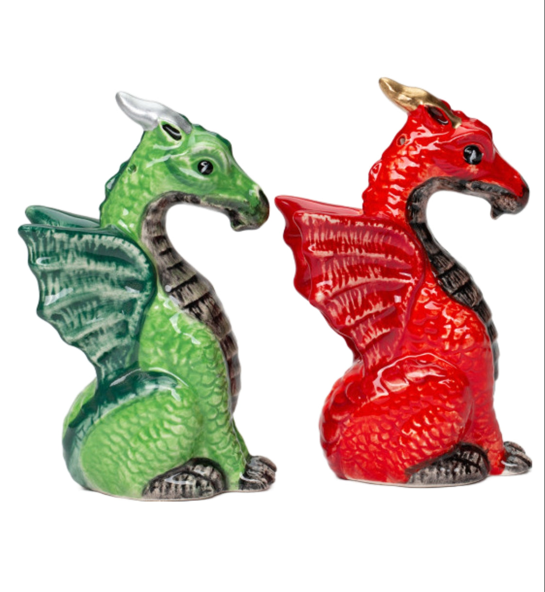 Cosmos Gifts Fine Ceramic Medieval Red & Green Dragon Salt & Pepper Shakers Set 3-7/8" H 21096