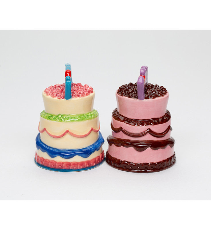 Cosmos Gifts Fine Ceramic Happy Birthday Cakes Salt and Pepper Shakers Set 3-1/4" H Pink Blue Purple