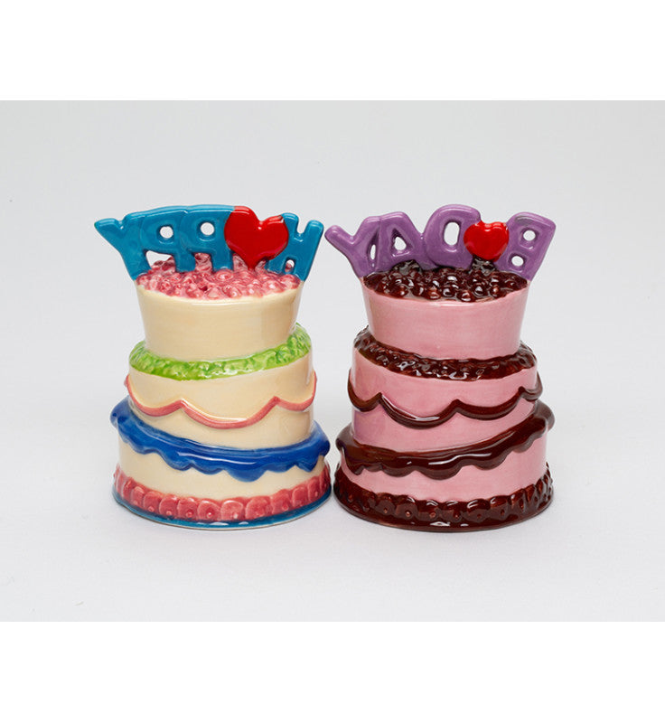 Cosmos Gifts Fine Ceramic Happy Birthday Cakes Salt and Pepper Shakers Set 3-1/4" H Pink Blue Purple