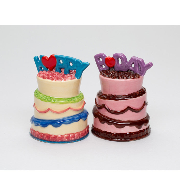 Cosmos Gifts Fine Ceramic Happy Birthday Cakes Salt and Pepper Shakers Set 3-1/4" H Pink Blue Purple