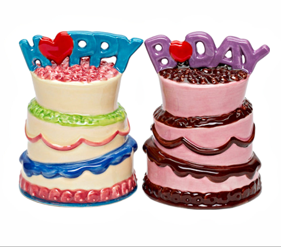Cosmos Gifts Fine Ceramic Happy Birthday Cakes Salt and Pepper Shakers Set 3-1/4" H Pink Blue Purple