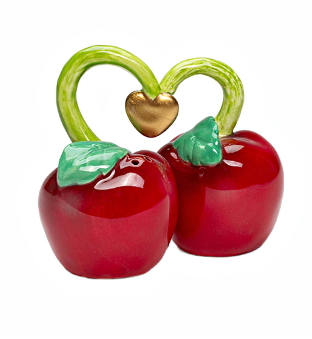 Cosmos Gifts Fine Ceramic Cherry Apple Love Heart Salt & Pepper Shakers Set 3-1/8" H