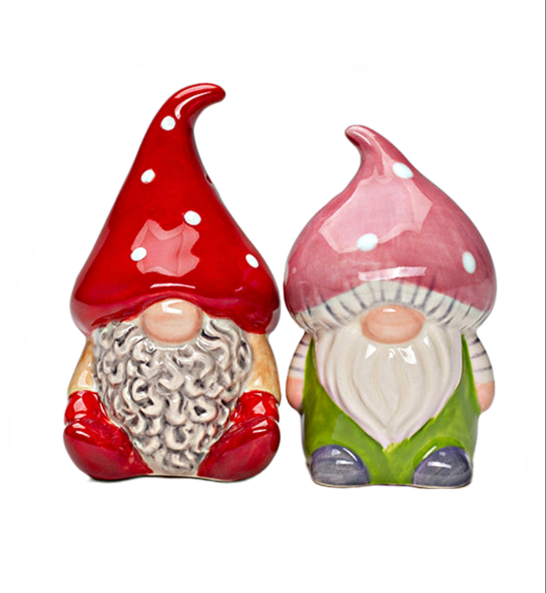 Cosmos Gifts Fine Ceramic Forest Mushroom Gnomes Salt & Pepper Shakers Set 3-7/8" H