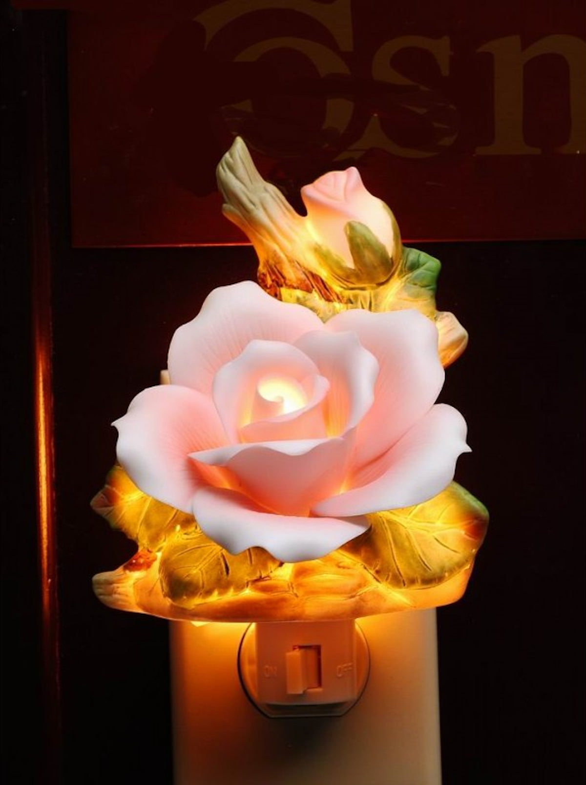 Cosmos Gifts Fine Porcelain Lighted Pink Rose Night Light 3-1/2-Inch