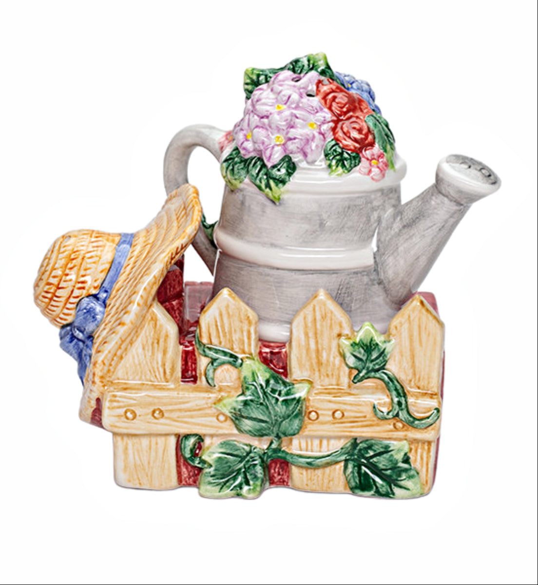 Cosmos Gifts Fine Ceramic Garden Watering Can & Straw Hat Designs Salt & Pepper Shakers Set 3-1/2" H