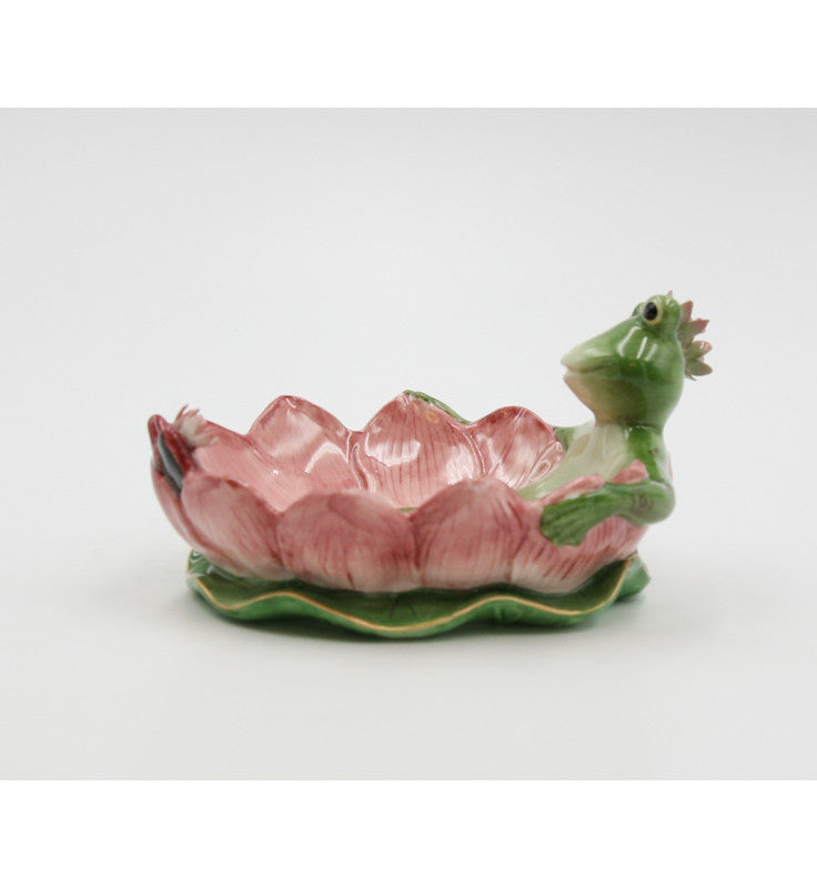 Cosmos Gifts Fine Ceramic Frogalina Frog on Water Lily Flower Dish 6-1/4" L
