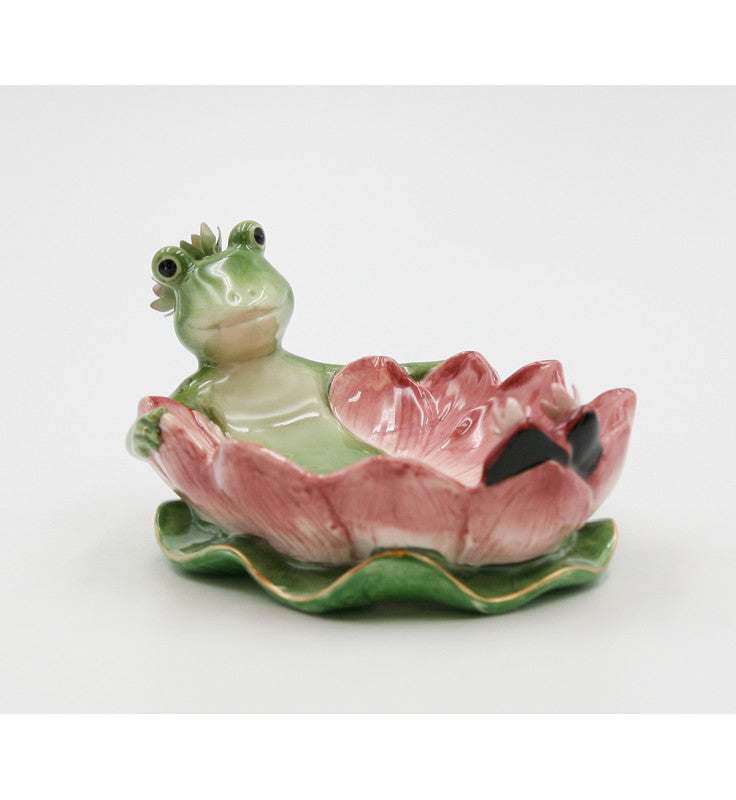 Cosmos Gifts Fine Ceramic Frogalina Frog on Water Lily Flower Dish 6-1/4" L