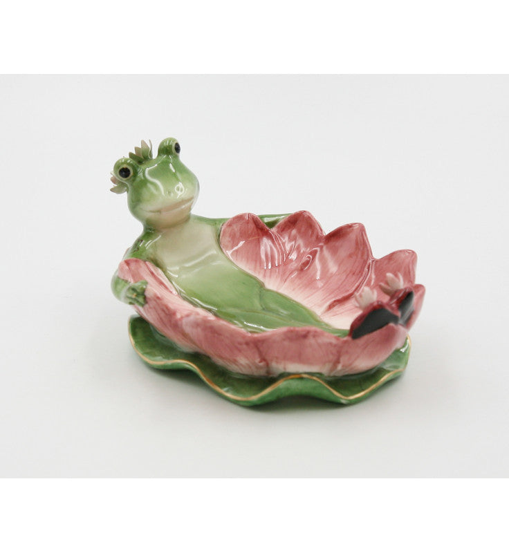 Cosmos Gifts Fine Ceramic Frogalina Frog on Water Lily Flower Dish 6-1/4" L