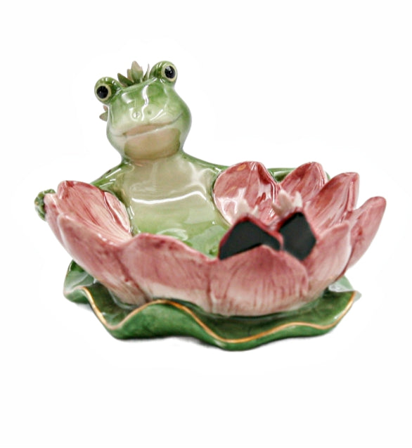 Cosmos Gifts Fine Ceramic Frogalina Frog on Water Lily Flower Dish 6-1/4" L