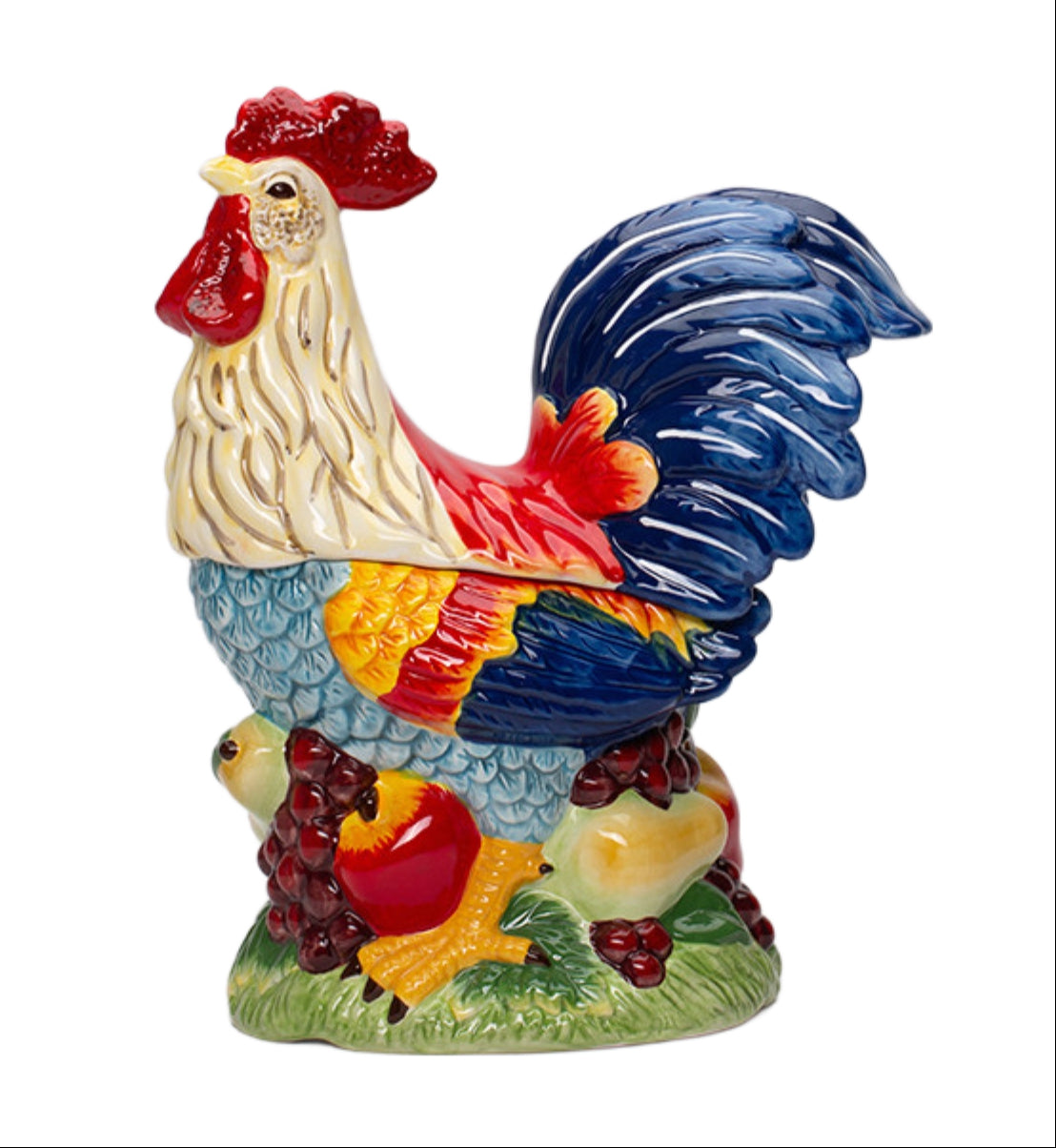 Cosmos Fine Ceramic Painted Standing Rooster on Fruit Kitchen Cookie Jar 12" H Multicolor