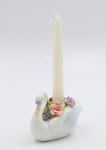 Cosmos Gifts Fine Porcelain Swan Floral Taper Candle Holder 0.5 Lb White