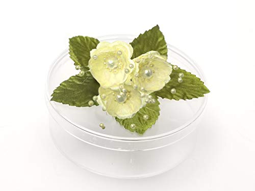 PFP Clear Round Plastic Cookie Nut Candy Box with Pearl Satin Organza Flower Yellow 4.5" Diameter Set of 3