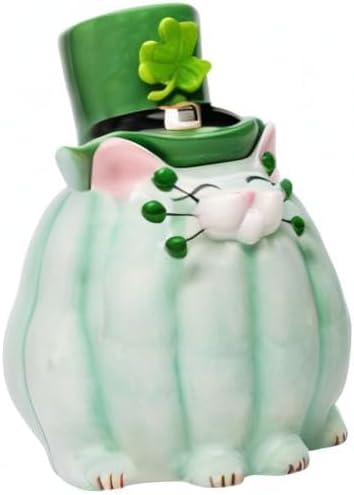 Cosmos Gifts Ceramic St. Patrick's Day Whisker Cat Candy Jar 6-1/2" H