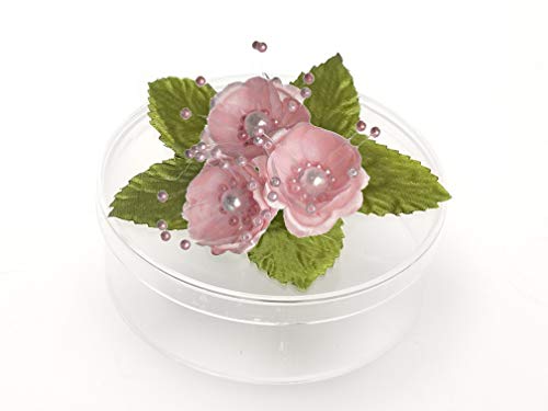 PFP Clear Round Plastic Cookie Nut Candy Box with Pearl Satin Organza Flower 4.5" L Burgundy