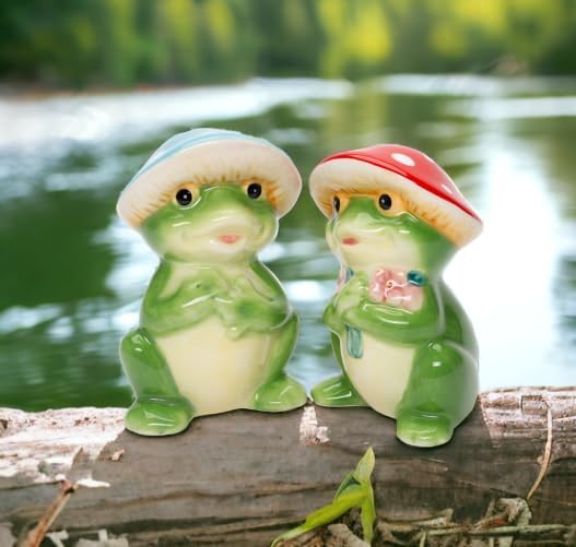 Cosmos Gifts Fine Ceramic Happy Frog Couple Fairy Forest Mushroom Salt & Pepper Set 3-1/2" H