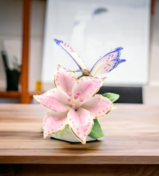 Cosmos Gifts Fine Porcelain Faux Jewel Butterfly with Pink Stargazer Lily Flower Figurine 3-1/4" H