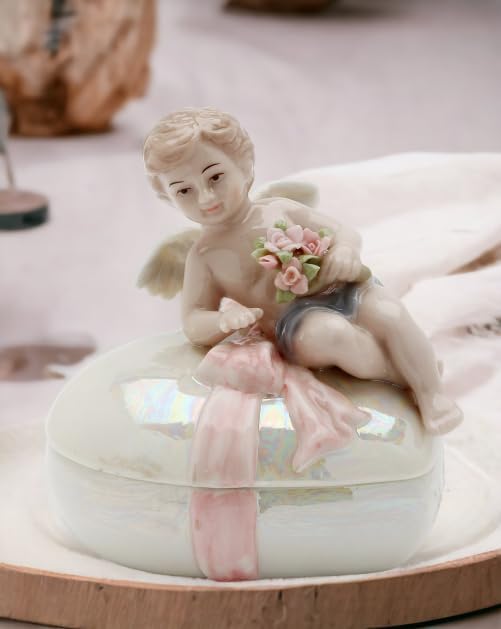 Cosmos Gifts Fine Porcelain Cherub Angel Heart Trinket Keepsake Box 4" H